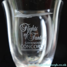 Load image into Gallery viewer, 1990s Pair of Concorde Long Stemmed Wine Glasses. Flights of Fantasy Commemorative Souvenir - Advertising Item

