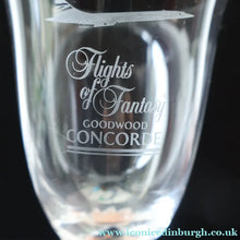 Load image into Gallery viewer, 1990s Pair of Concorde Long Stemmed Wine Glasses. Flights of Fantasy Commemorative Souvenir - Advertising Item
