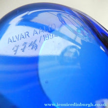 Load image into Gallery viewer, 1994 FINNISH Shallow Blue Glass SAVOY Vase. Iconic Mid Century Design by Alvar Aalto for Iittala, Finland. With acid etched signature (B)
