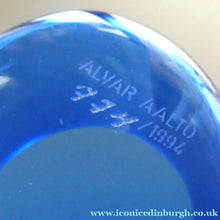 Load image into Gallery viewer, 1994 FINNISH Shallow Blue Glass SAVOY Vase. Iconic Mid Century Design by Alvar Aalto for Iittala, Finland. With acid etched signature (B)
