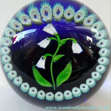 Load image into Gallery viewer, Vintage Scottish Paperweight . Lily of the Valley (MAY) White Lampwork Flower on Dark Blue Base
