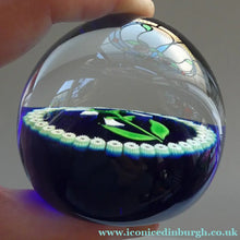 Load image into Gallery viewer, Vintage Scottish Paperweight . Lily of the Valley (MAY) White Lampwork Flower on Dark Blue Base
