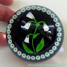 Load image into Gallery viewer, Vintage Scottish Paperweight . Lily of the Valley (MAY) White Lampwork Flower on Dark Blue Base
