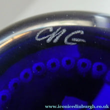 Load image into Gallery viewer, Vintage Scottish Paperweight . Lily of the Valley (MAY) White Lampwork Flower on Dark Blue Base
