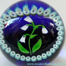Load image into Gallery viewer, Vintage Scottish Paperweight . Lily of the Valley (MAY) White Lampwork Flower on Dark Blue Base
