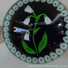 Load image into Gallery viewer, Vintage Scottish Paperweight . Lily of the Valley (MAY) White Lampwork Flower on Dark Blue Base
