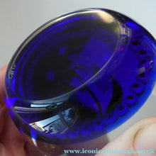 Load image into Gallery viewer, Vintage Scottish Paperweight . Lily of the Valley (MAY) White Lampwork Flower on Dark Blue Base
