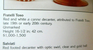 Vintage ITALIAN "A Canne" Decanter Red and White Stripes Bottle Vase. Attributed to Fratello Toso. 17 3/4 inches