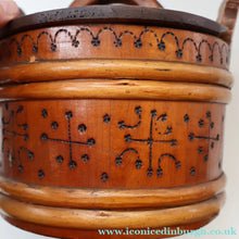 Load image into Gallery viewer, 19th Century. Antique Carved Norwegian Pine Lidded Groat Porridge Pot; c 1860
