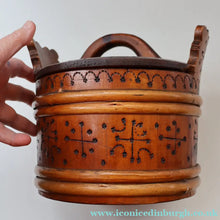 Load image into Gallery viewer, 19th Century. Antique Carved Norwegian Pine Lidded Groat Porridge Pot; c 1860
