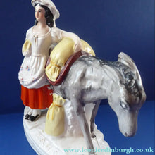 Load image into Gallery viewer, 19th Century Staffordshire Figurine. Rare Antique  SAND Model of a  Lady with a Grey Donkey, Gathering Sand into Sandbags
