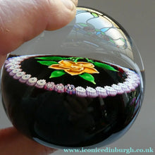 Load image into Gallery viewer, 2000 Caithness Glass Paperweight with Lampwork Flower. 100th Birthday of the Queen Mother
