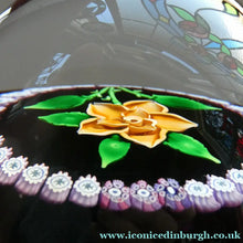 Load image into Gallery viewer, 2000 Caithness Glass Paperweight with Lampwork Flower. 100th Birthday of the Queen Mother
