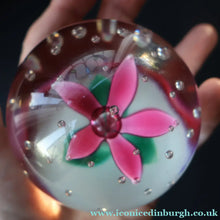 Load image into Gallery viewer, SELKIRK GLASS 2000 Scottish Paperweight with Pink Lampwork Flower
