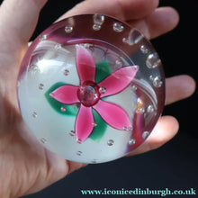 Load image into Gallery viewer, SELKIRK GLASS 2000 Scottish Paperweight with Pink Lampwork Flower
