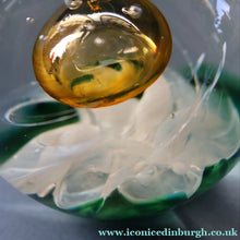 Load image into Gallery viewer, SELKIRK GLASS 2001 Scottish Paperweight. Golden Air Bubble &amp; White Feathered Base. Original paper label
