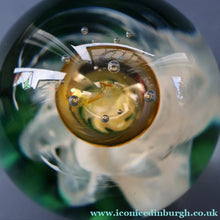 Load image into Gallery viewer, SELKIRK GLASS 2001 Scottish Paperweight. Golden Air Bubble &amp; White Feathered Base. Original paper label

