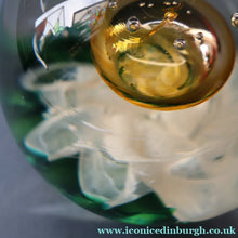 Load image into Gallery viewer, SELKIRK GLASS 2001 Scottish Paperweight. Golden Air Bubble &amp; White Feathered Base. Original paper label
