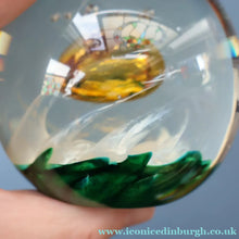 Load image into Gallery viewer, SELKIRK GLASS 2001 Scottish Paperweight. Golden Air Bubble &amp; White Feathered Base. Original paper label
