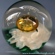 Load image into Gallery viewer, SELKIRK GLASS 2001 Scottish Paperweight. Golden Air Bubble &amp; White Feathered Base. Original paper label
