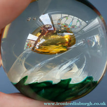 Load image into Gallery viewer, SELKIRK GLASS 2001 Scottish Paperweight. Golden Air Bubble &amp; White Feathered Base. Original paper label
