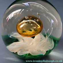 Load image into Gallery viewer, SELKIRK GLASS 2001 Scottish Paperweight. Golden Air Bubble &amp; White Feathered Base. Original paper label
