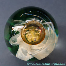 Load image into Gallery viewer, SELKIRK GLASS 2001 Scottish Paperweight. Golden Air Bubble &amp; White Feathered Base. Original paper label
