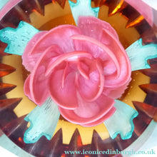 Load image into Gallery viewer, Golden Jubilee Rose CAITHNESS LIMITED EDITION cushion cut paperweight. Designed by Colin Terris
