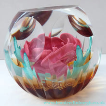 Load image into Gallery viewer, Golden Jubilee Rose CAITHNESS LIMITED EDITION cushion cut paperweight. Designed by Colin Terris
