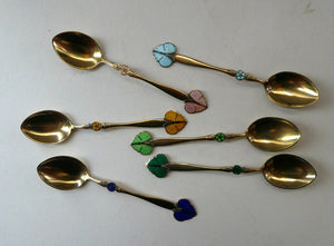 Set of Six NORWEGIAN Silver Gilt & Enamel BUTTERFLY Demitasse Spoons. Designed by Nils Hansen