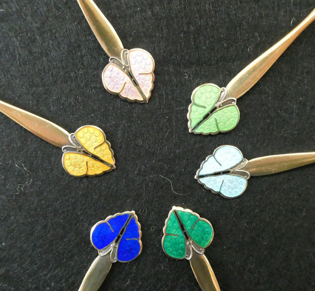 Set of Six NORWEGIAN Silver Gilt & Enamel BUTTERFLY Demitasse Spoons. Designed by Nils Hansen