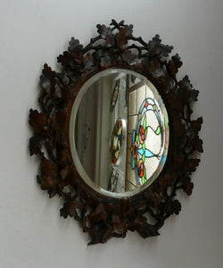 Antique 1880s BLACK FOREST WALL MIRROR Decorated with Oak Leaves and Acorns