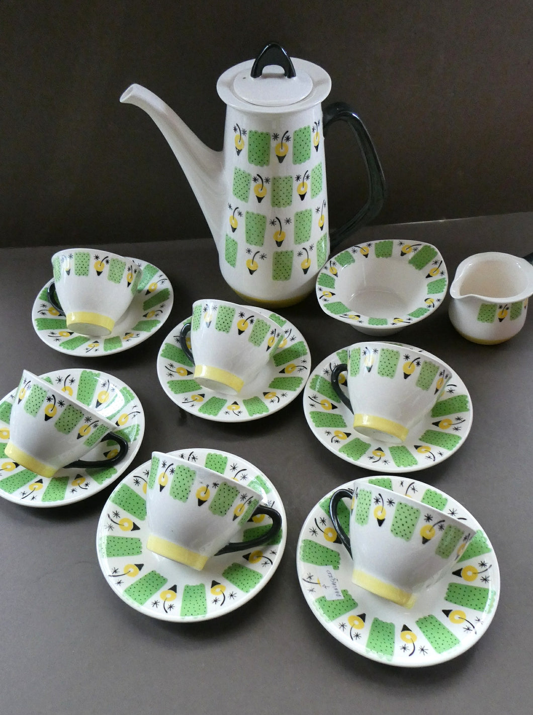 1960s FIGGJO FLINT Coffee Set by Ragnar Grimsrud. Valencia Green and Yellow Pattern