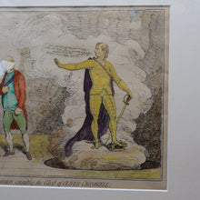 Load image into Gallery viewer, GEORGIAN PRINT. JAMES GILLRAY. Satirical Print. Malagrida &amp; Conspirators, Consulting The Ghost of Oliver Cromwell. Hand Coloured Etching, 1782. FRAMED
