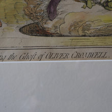 Load image into Gallery viewer, GEORGIAN PRINT. JAMES GILLRAY. Satirical Print. Malagrida &amp; Conspirators, Consulting The Ghost of Oliver Cromwell. Hand Coloured Etching, 1782. FRAMED

