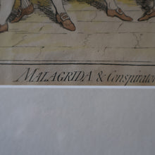 Load image into Gallery viewer, GEORGIAN PRINT. JAMES GILLRAY. Satirical Print. Malagrida &amp; Conspirators, Consulting The Ghost of Oliver Cromwell. Hand Coloured Etching, 1782. FRAMED
