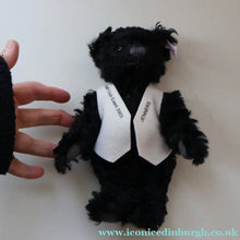 Load image into Gallery viewer, SCOTTISH BEAR. Delightful 2003 Vintage STEIFF BEAR. Limited Edition Small Black Bear Wearing White Felt JENNERS Waistcoat
