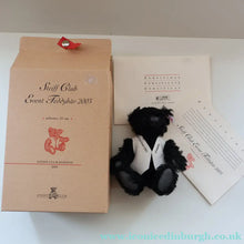 Load image into Gallery viewer, SCOTTISH BEAR. Delightful 2003 Vintage STEIFF BEAR. Limited Edition Small Black Bear Wearing White Felt JENNERS Waistcoat
