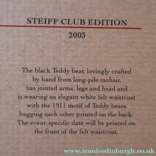Load image into Gallery viewer, SCOTTISH BEAR. Delightful 2003 Vintage STEIFF BEAR. Limited Edition Small Black Bear Wearing White Felt JENNERS Waistcoat
