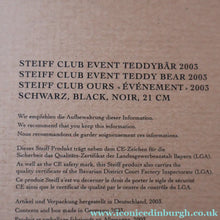 Load image into Gallery viewer, SCOTTISH BEAR. Delightful 2003 Vintage STEIFF BEAR. Limited Edition Small Black Bear Wearing White Felt JENNERS Waistcoat
