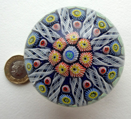 Scottish Glass. Strathearn Millefiori Canes and Latticino Ten Spoke Paperweigh