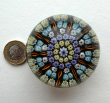 Load image into Gallery viewer, Scottish PERTHSHIRE Paperweight. Dark Blue Ground, 10 Short Spokes &amp; Millefiori Canes
