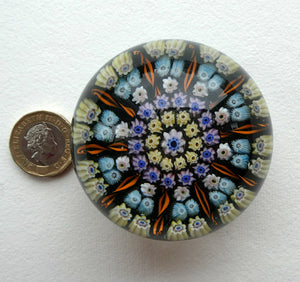 Scottish PERTHSHIRE Paperweight. Dark Blue Ground, 10 Short Spokes & Millefiori Canes