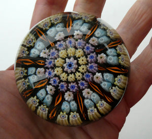 Scottish PERTHSHIRE Paperweight. Dark Blue Ground, 10 Short Spokes & Millefiori Canes