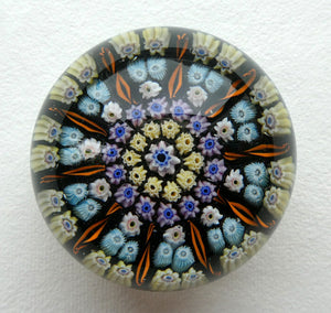 Scottish PERTHSHIRE Paperweight. Dark Blue Ground, 10 Short Spokes & Millefiori Canes