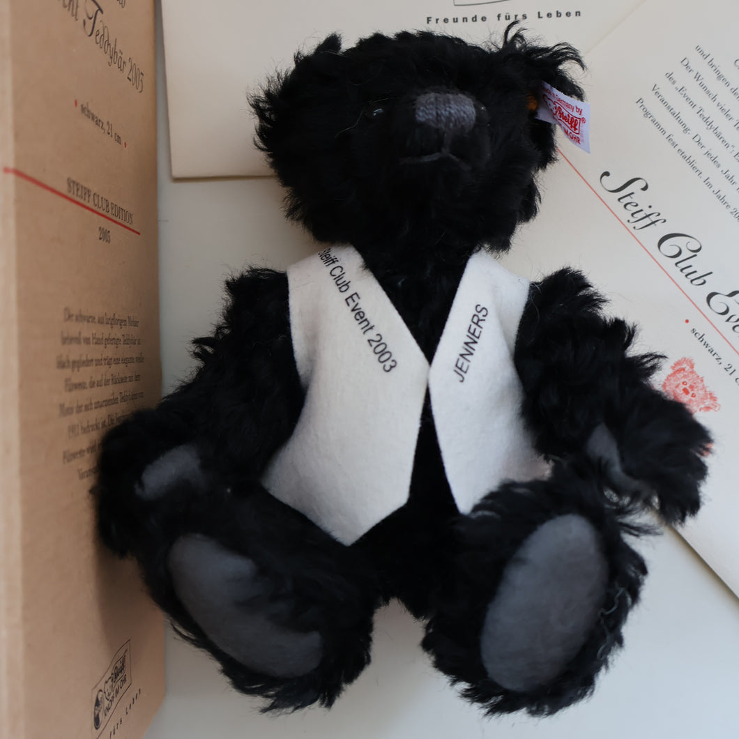 SCOTTISH BEAR. Delightful 2003 Vintage STEIFF BEAR. Limited Edition Small Black Bear Wearing White Felt JENNERS Waistcoat