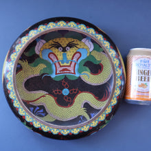 Load image into Gallery viewer, LARGE Antique Chinese Cloisonne Shallow Bowl with Five-Toed Dragon and Flaming Pearl. 10 inches
