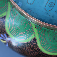 Load image into Gallery viewer, LARGE Antique Chinese Cloisonne Shallow Bowl with Five-Toed Dragon and Flaming Pearl. 10 inches
