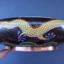 Load image into Gallery viewer, LARGE Antique Chinese Cloisonne Shallow Bowl with Five-Toed Dragon and Flaming Pearl. 10 inches
