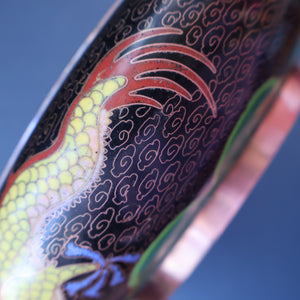 LARGE Antique Chinese Cloisonne Shallow Bowl with Five-Toed Dragon and Flaming Pearl. 10 inches